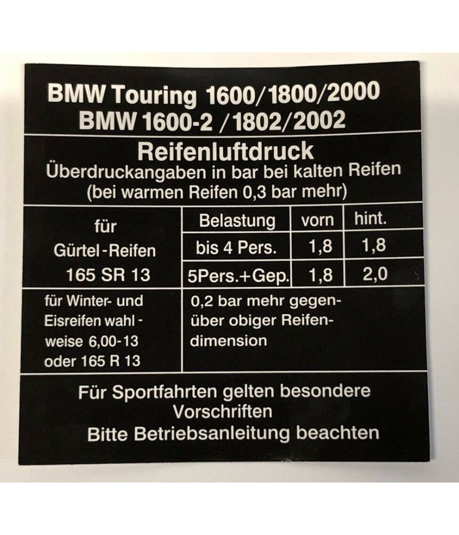 Sticker tire pressure 1971 to 1973 BMW E10 / E6 1600-2 - 2002 CS-29